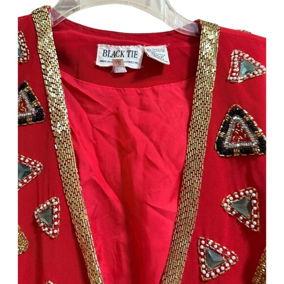 Vintage Black Tie He-Ro Heavy Beaded Red Single Button Blazer Jacket - Picture 3 of 9